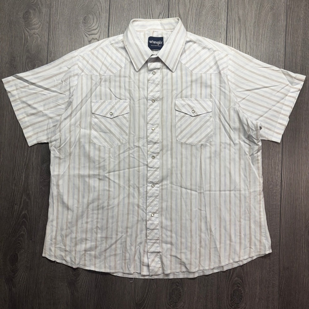 Wrangler Western Shirt Mens XL White Blue Tan Striped Pearl Snap Short Sleeve